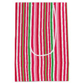 ピンクかわいらし、緑、赤ストライプ色 ミディアムペーパーバッグ (裏面)