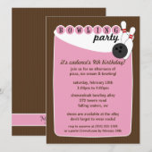 ピンクかブラウンのレトロのボーリング場のボーリングの誕生日 招待状 (正面/裏面)