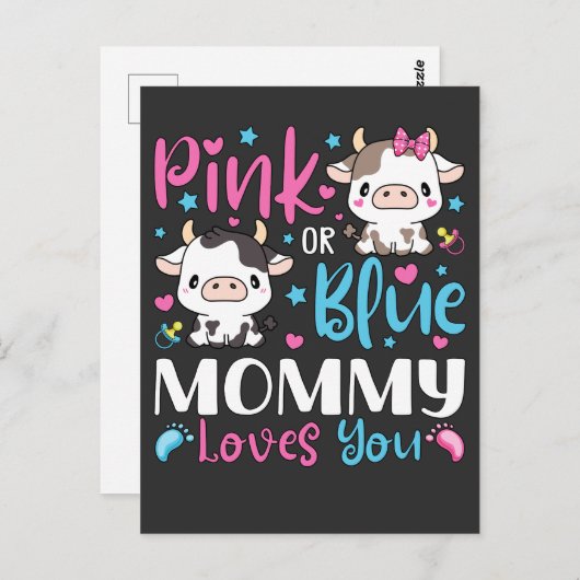 ピンクかブルー ママが愛してる ギフト 牛 赤ちゃん ポストカード (正面/裏面)