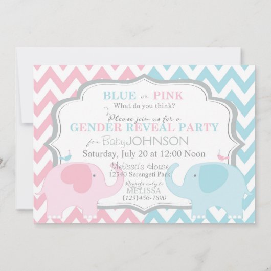 ピンクか青い象及びシェブロンの性は明らかにします 招待状 (裏面)