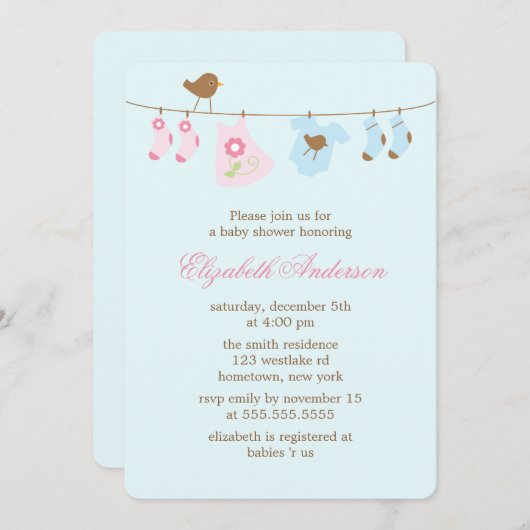 ピンクか青か。 Clotheslineのベビーシャワー 招待状 (正面/裏面)