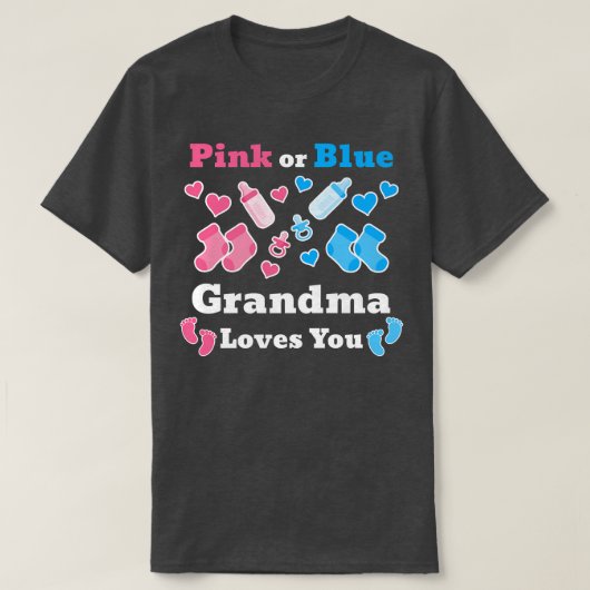 ピンクか青のおばあちゃんが愛する性別開示ベビー Tシャツ (デザイン正面)