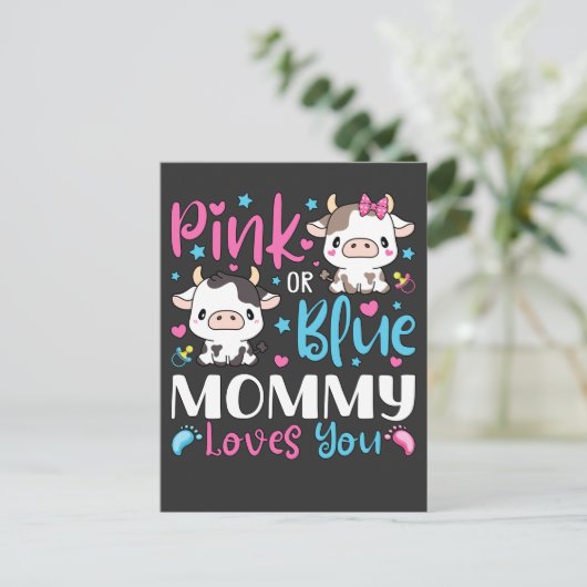 ピンクか青のママ愛あなたにギフト牛のベビー ポストカード (スタンド正面)