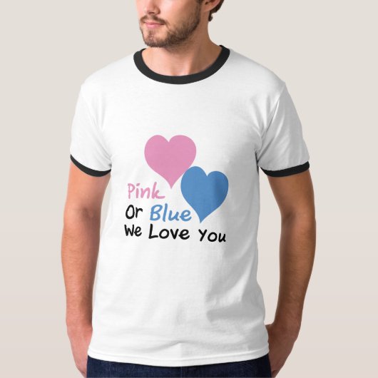 ピンクか青私達は愛しますベビーシャワーの性は明らかにします Tシャツ (正面)