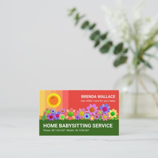 ピンクがかった空ハッピーサンフラワーズベビカラフルーシッター 名刺 (スタンド正面)