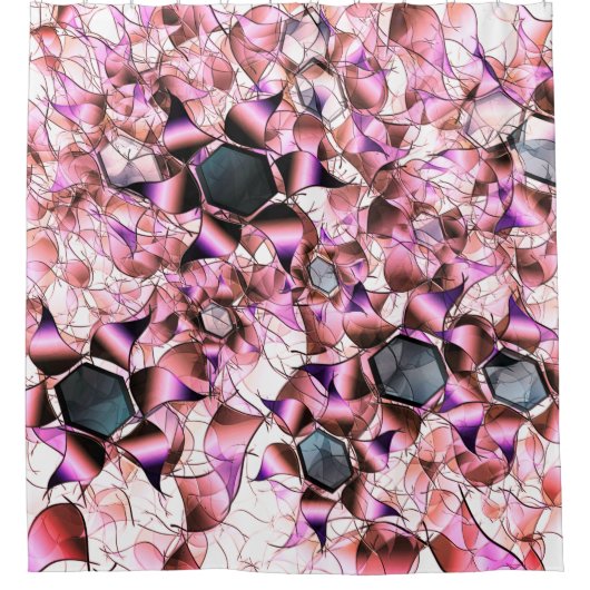 ピンクがかった花弁のような形に囲まれた六角形 シャワーカーテン (正面)