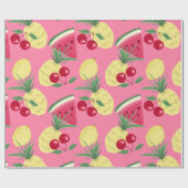 ピンクがかった赤の背景に、ジューシーな果物がついている。  ラッピングペーパー (フラット)