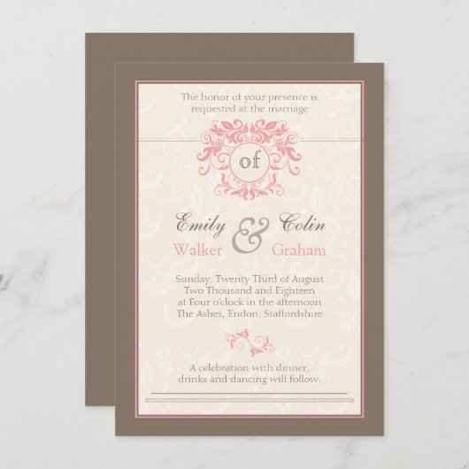 ピンクがクリームのダマス淡い色のク結婚式に渦巻く 招待状 (正面/裏面)