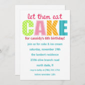 ピンクがケーキの誕生食べ日パーティーの招待を受ける 招待状 (正面/裏面)