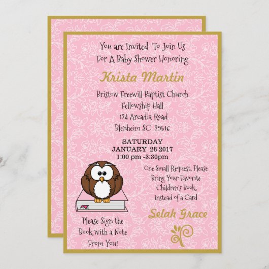 ピンクが本の赤ちゃんシャワーを持ってくる 招待状 (正面/裏面)