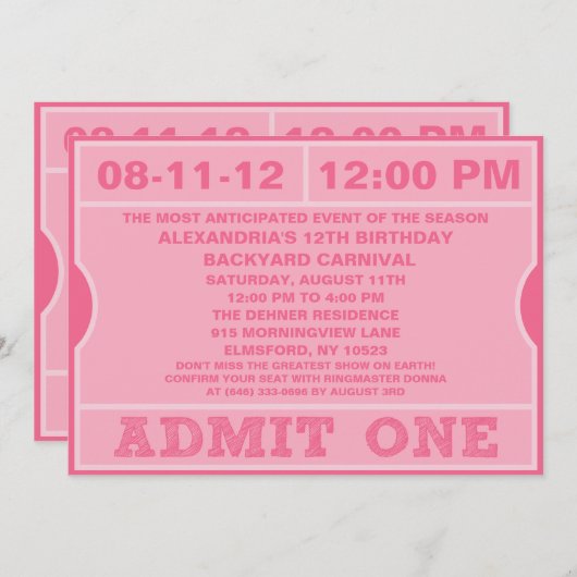 ピンクが1回のチケット招待状誕生会を認める 招待状 (正面/裏面)