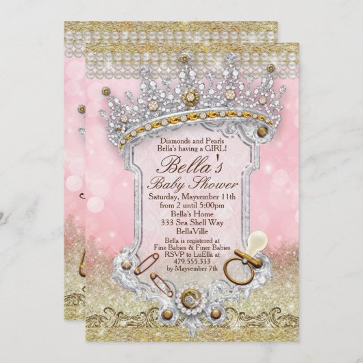 ピンクきらきら光るグリッターベビーシャワー招待状 招待状 (正面/裏面)