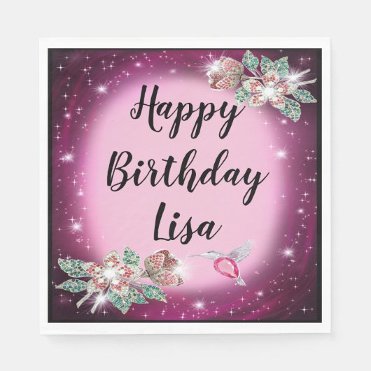 ピンクきらきら光るフローラバード誕生日 スタンダードランチョンナプキン (正面)