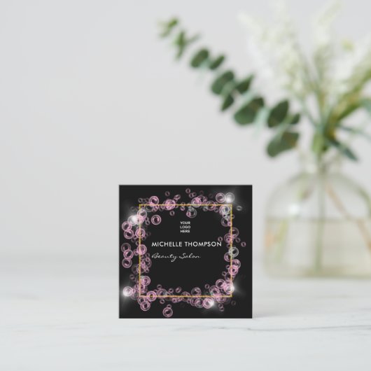 ピンクきらめくと金ゴールドのシャボン玉美しいサロン スクエア名刺 (スタンド正面)