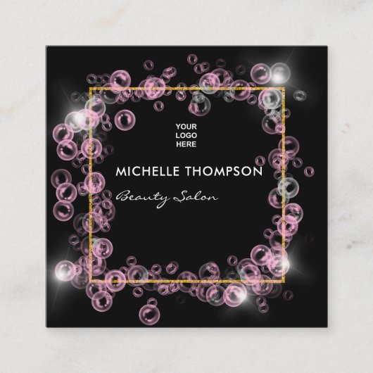 ピンクきらめくと金ゴールドのシャボン玉美しいサロン スクエア名刺 (正面)