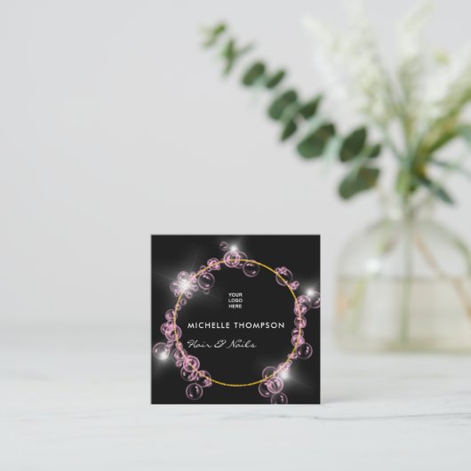 ピンクきらめくシャボン玉美しいサロン スクエア名刺 (スタンド正面)