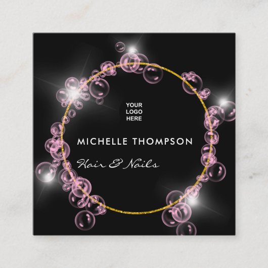 ピンクきらめくシャボン玉美しいサロン スクエア名刺 (正面)
