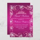 ピンクきらめくスノーフレーク誕生日招待状 招待状 (正面/裏面)