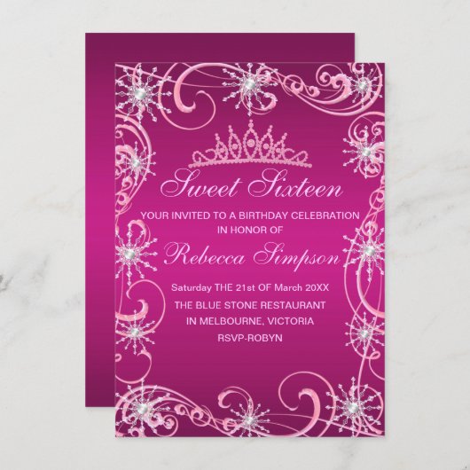 ピンクきらめくスノーフレーク誕生日招待状 招待状 (正面/裏面)