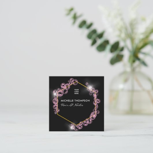 ピンクきらめくソープバブル美しいサロンスクエアブ スクエア名刺 (スタンド正面)