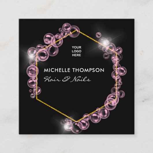 ピンクきらめくソープバブル美しいサロンスクエアブ スクエア名刺 (正面)