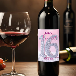 ピンクきらめくダイヤモンドスタッズナンバーSweet 16 ワインラベル