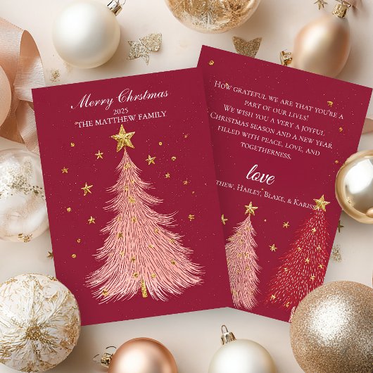 ピンクきらめくツリー金ゴールドクリスマスカード 招待状