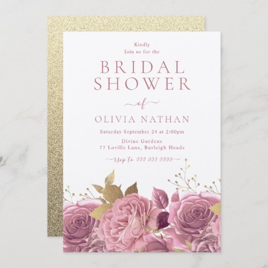 ピンクきらめくバラフローラブライダルシャワー 招待状 (正面/裏面)