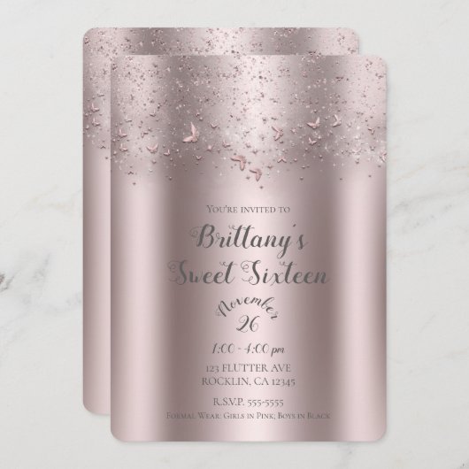 ピンクきらめくフラッタバタフライスウィート16パーティー 招待状 (正面/裏面)