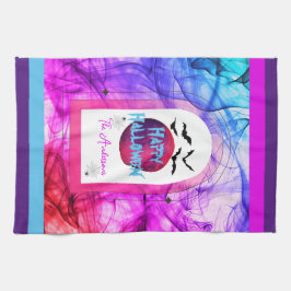 ピンクこうもりフルムーンホラー不気味ハッピーハローウィン キッチンタオル