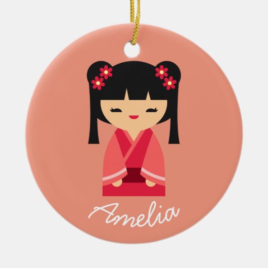 ピンクこけし日本の人形 セラミックオーナメント (正面)