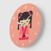 ピンクこけし日本の人形 ラージ壁時計 (傾斜)