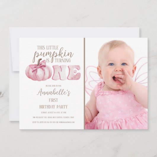ピンクこの小さなカボチャ写真1st誕生日パーティー 招待状 (正面)