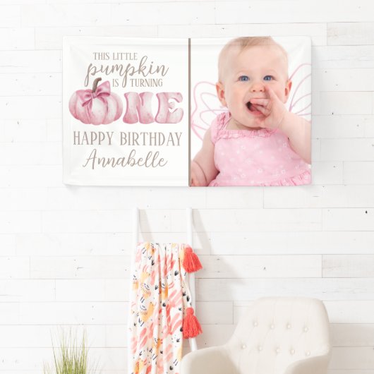 ピンクこの小さなカボチャ写真1st誕生日パーティー 横断幕 (インサイチュ)