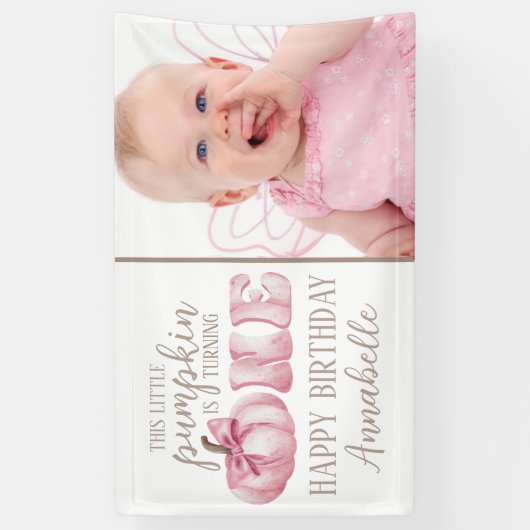 ピンクこの小さなカボチャ写真1st誕生日パーティー 横断幕 (縦)