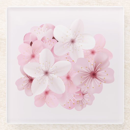 ピンクさくらんぼの木の花 ガラスコースター (正面)
