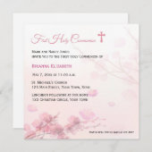 ピンクさくらんぼの花が初のコミュニオン 招待状 (正面/裏面)