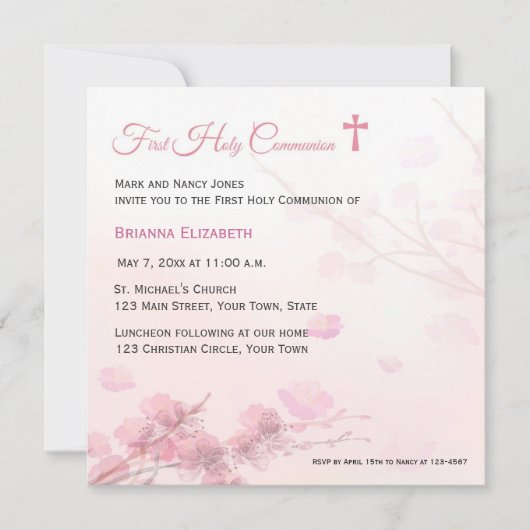 ピンクさくらんぼの花が初のコミュニオン 招待状 (正面)