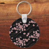 ピンクさくらんぼの花が黒 キーホルダー (正面)