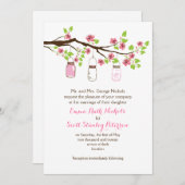 ピンクさくらんぼの花とメイソンジャース春の結婚式 招待状 (正面/裏面)