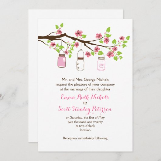 ピンクさくらんぼの花とメイソンジャース春の結婚式 招待状 (正面/裏面)