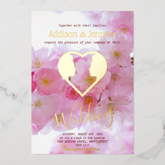 ピンクさくらんぼの花と金ゴールド-結婚ゲイ 箔招待状 (正面)