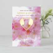 ピンクさくらんぼの花と金ゴールド-結婚ゲイ 箔招待状 (立ち正面)