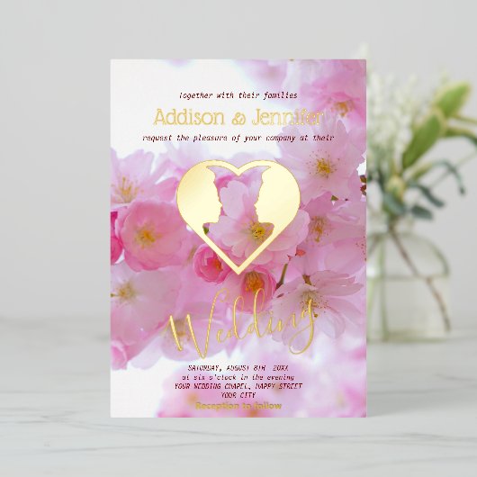 ピンクさくらんぼの花と金ゴールド-結婚ゲイ 箔招待状 (立ち正面)