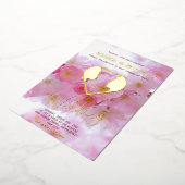 ピンクさくらんぼの花と金ゴールド-結婚ゲイ 箔招待状 (回転した状態)