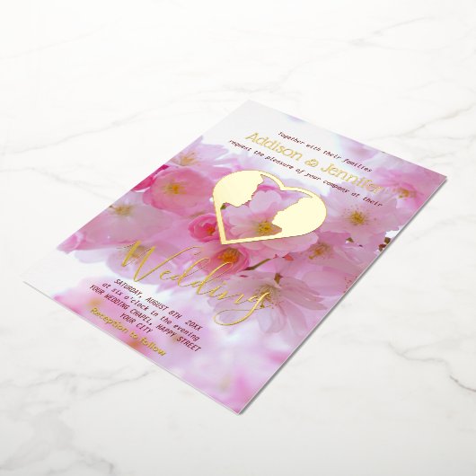 ピンクさくらんぼの花と金ゴールド-結婚ゲイ 箔招待状 (回転した状態)