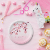 ピンクさくらんぼの花の木の枝の名前結婚付き ペーパープレート (パーティー)