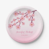 ピンクさくらんぼの花の木の枝の名前結婚付き ペーパープレート (正面)
