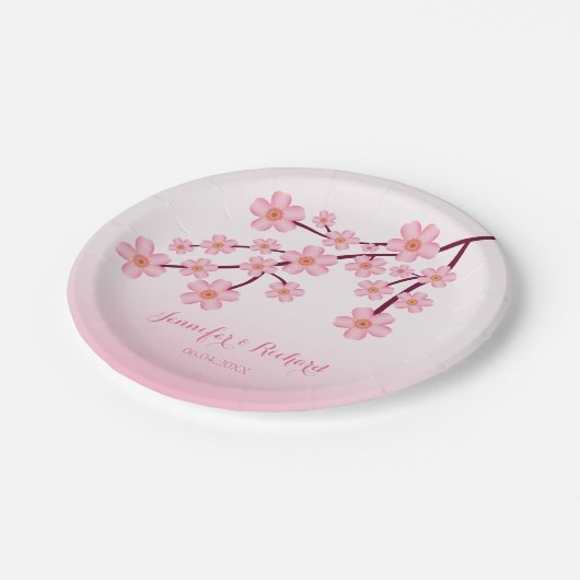 ピンクさくらんぼの花の木の枝の名前結婚付き ペーパープレート (アングル)