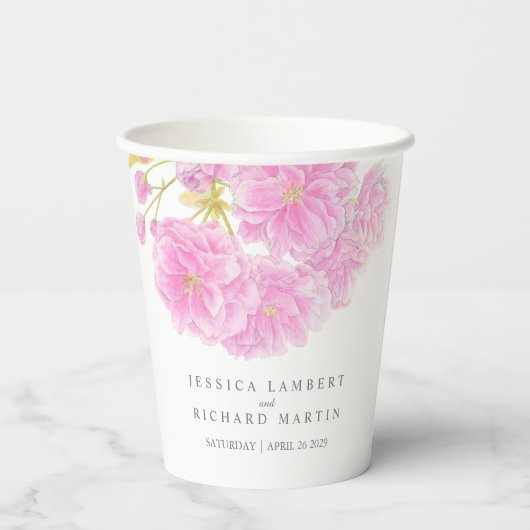 ピンクさくらんぼの花の水の色結婚の花のカップ 紙コップ (裏面)